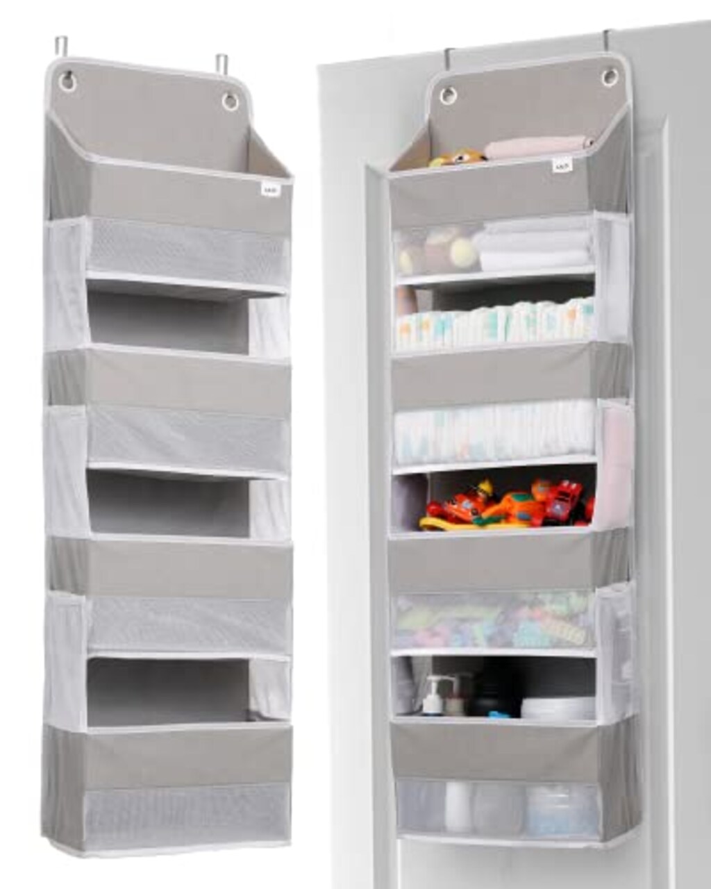 ULG Over Door Organizer with 4 Large Pockets 6 Mesh Side Pockets, 33 lbs Weight Capacity Hanging Storage Organizer with Clear Window for Baby Kids Toys, Diapers, Grey?1 Pack, 4 Layers